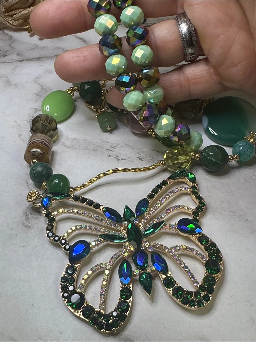 Green Crystal Butterfly Pendant Necklace with Earrings-Made in Mexico NWOT - Picture 5 of 5